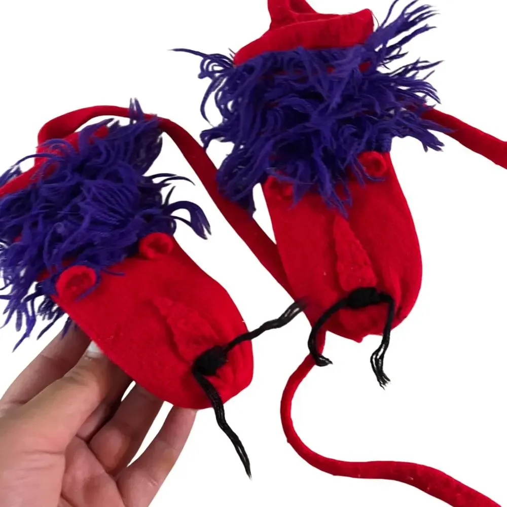 Vtg Red Kids Corded Mittens Knit Lion Animal